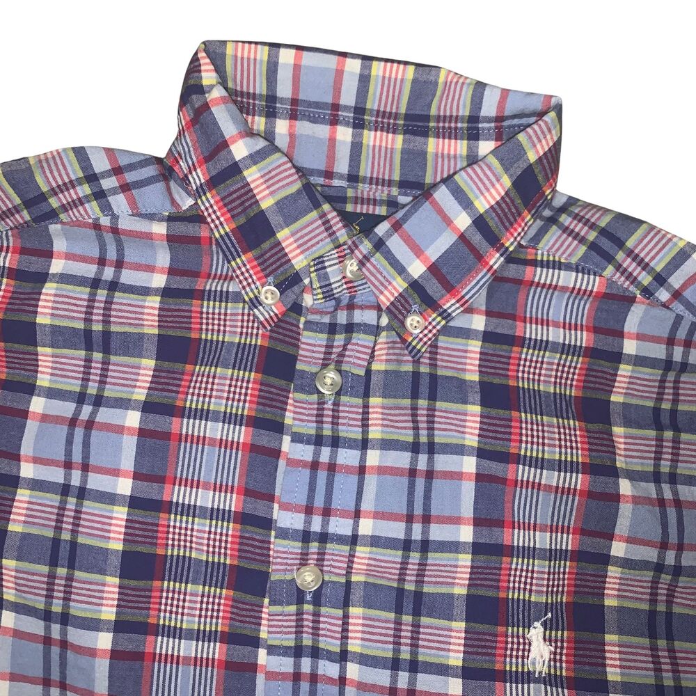 Polo Ralph Lauren Shirt Youth Boys L 14-16 Blue Plaid Short Sleeve Button Down